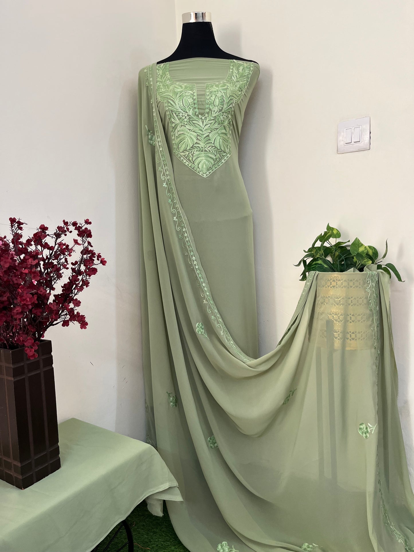 Tea green Georgette 3 Pc Aari Embroidered Suit Set