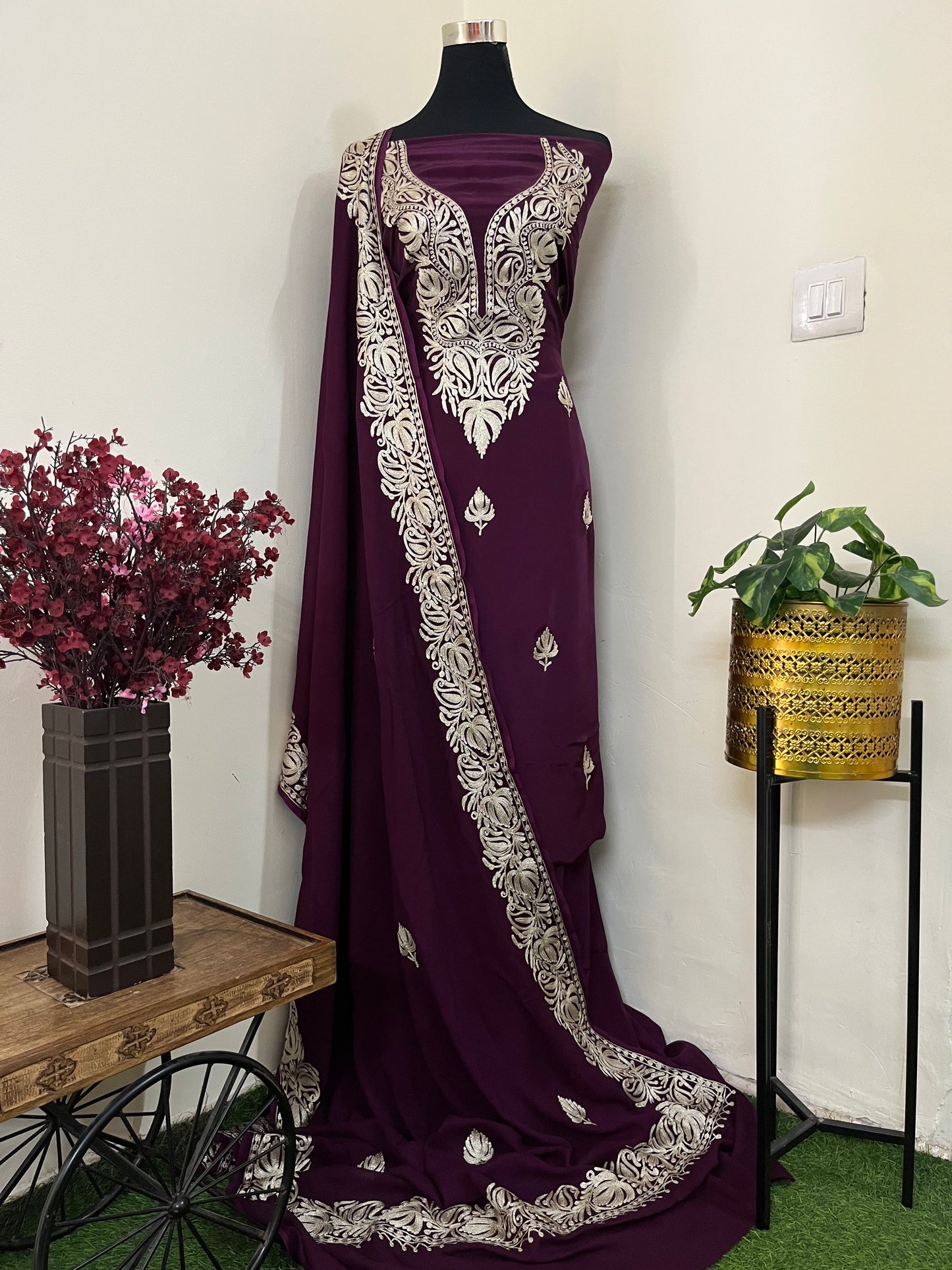 ‘Kalaa’ Wine Crape Kashmiri Suit