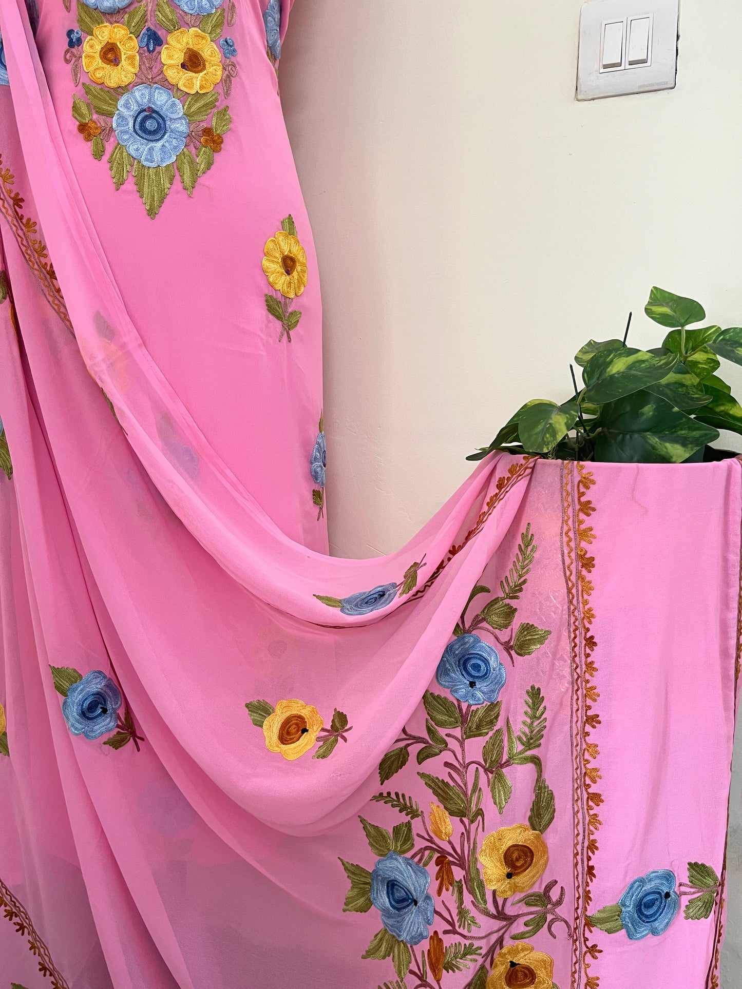 Georgette Candy Pink 3 Pc Aari Embroidered Suit