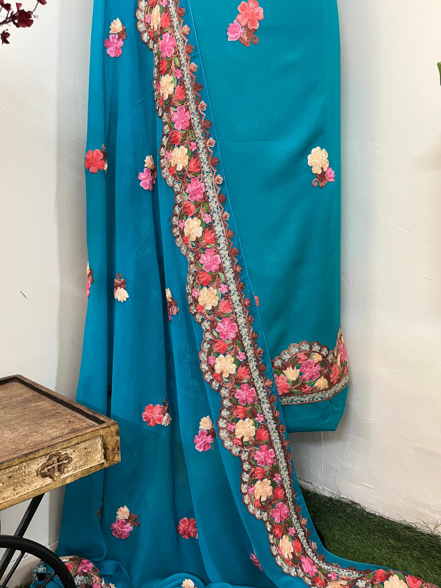 Peacock Green Rayon Cotton Kashmiri 3pc set