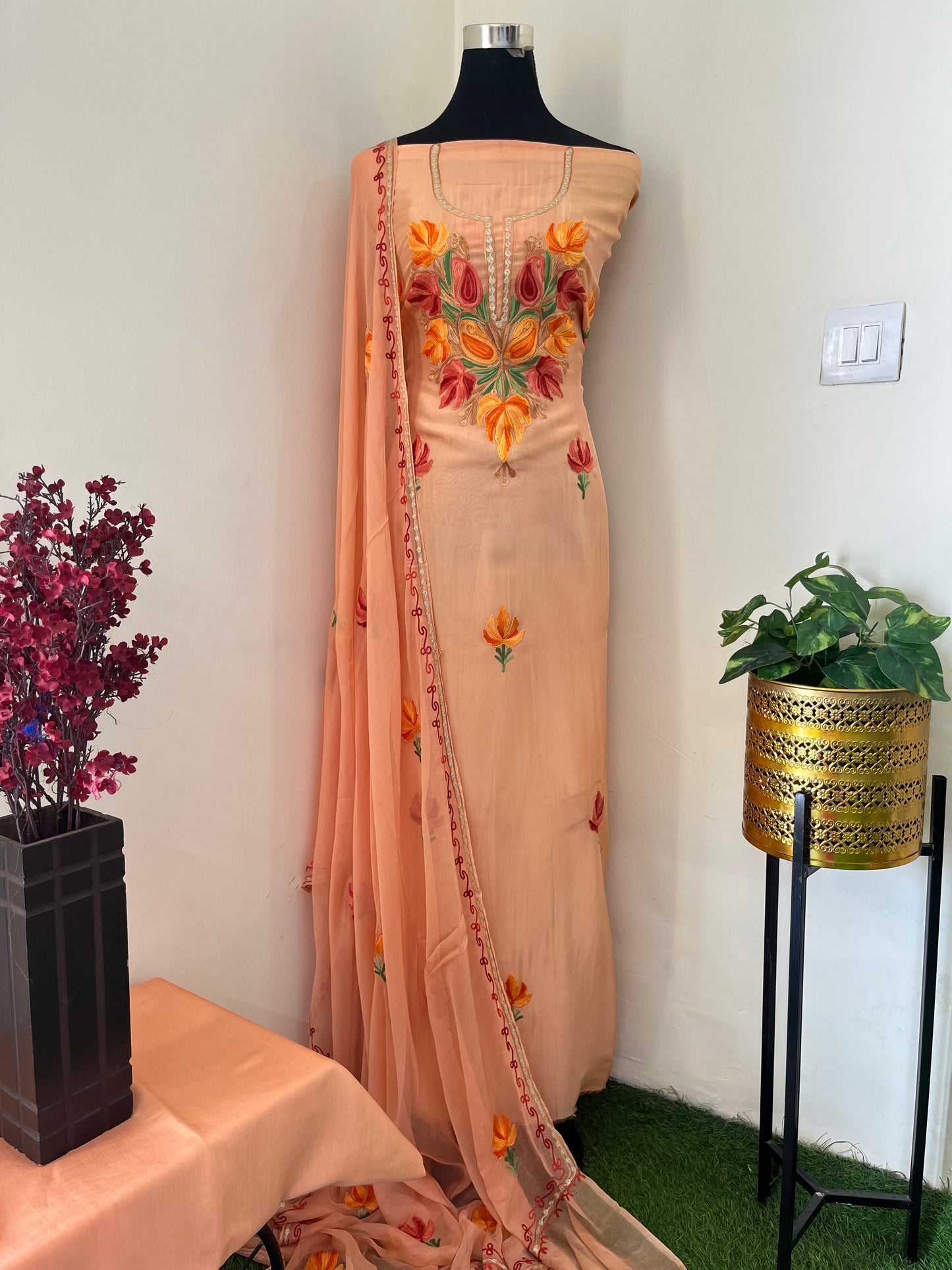 Peach Opada Silk Kashmiri Suit
