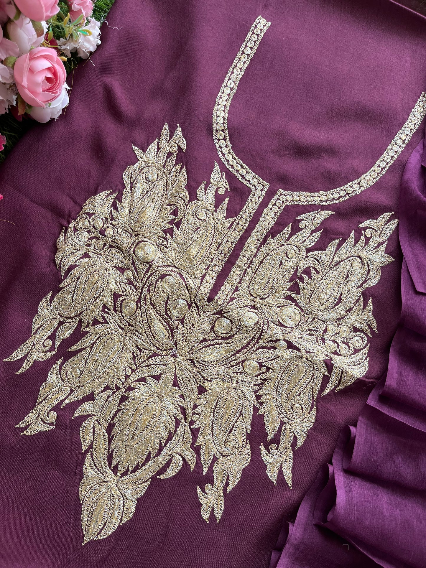 ‘Kalaa’ Wine Muslin Silk Tilla Embroidered Suit material