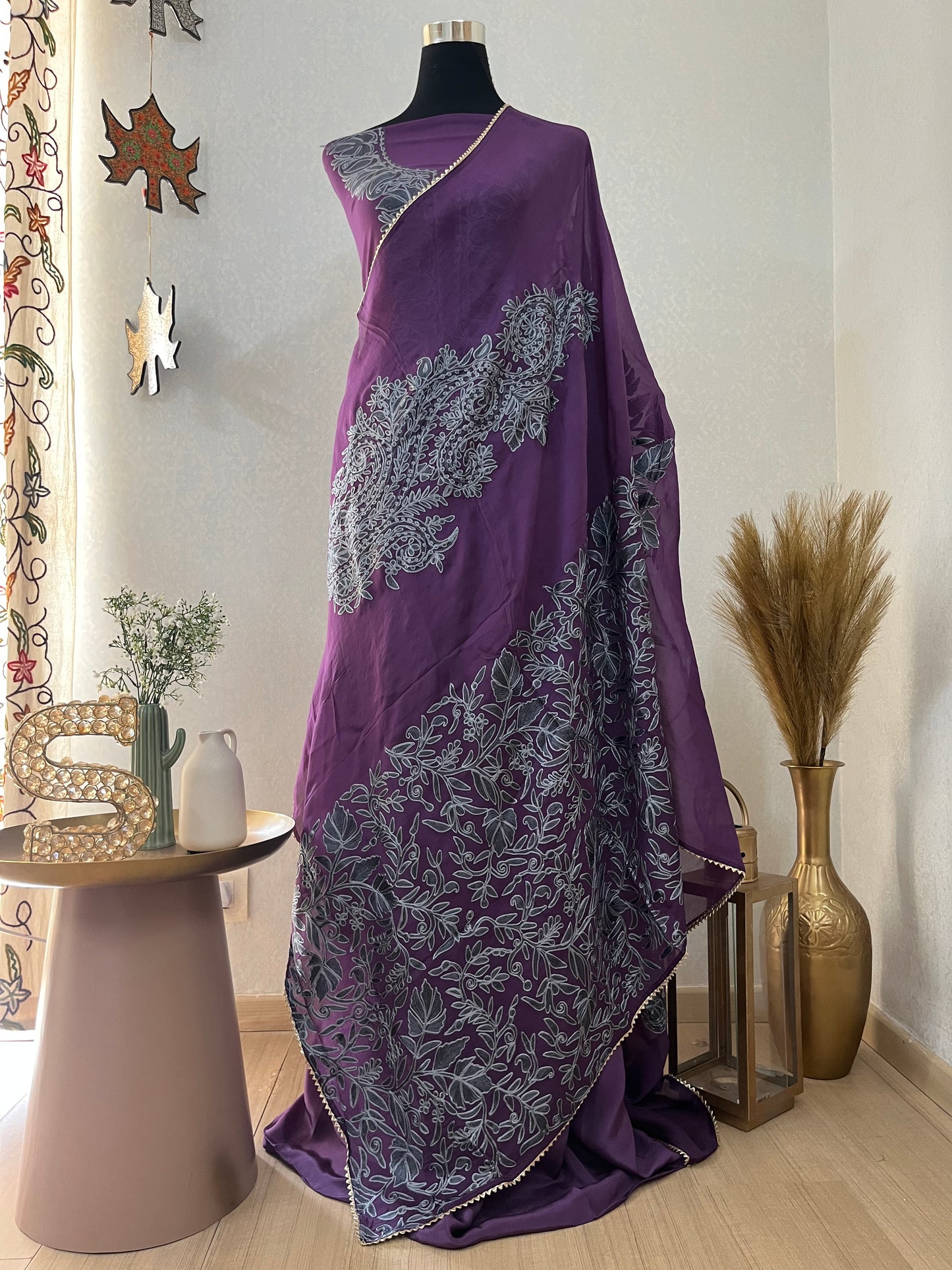 Purple Pure Georgette 3 Pc Heavy Kashmiri Suit