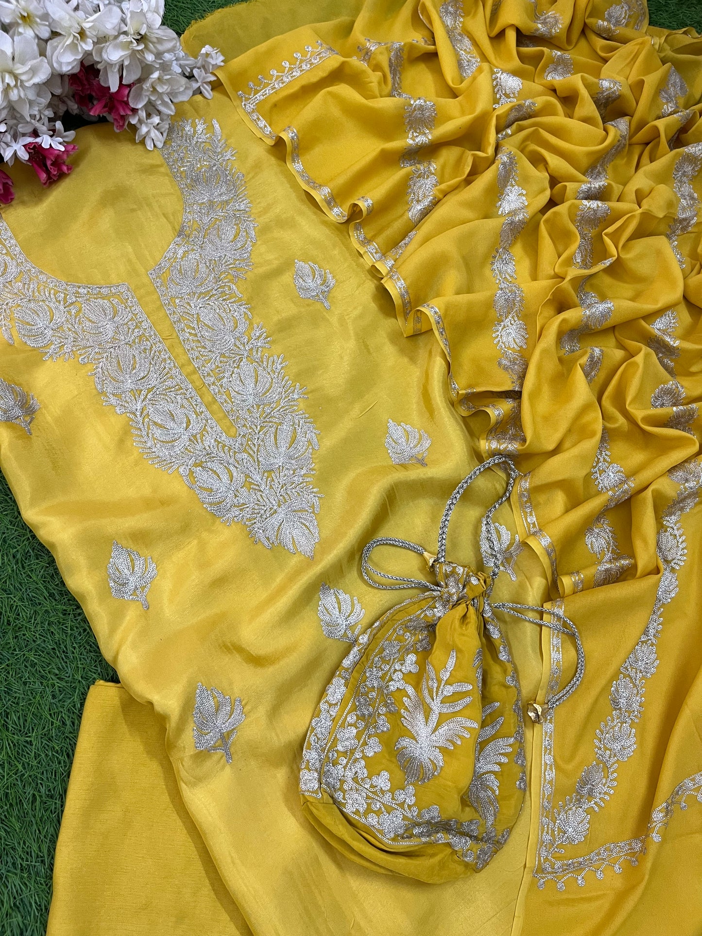 Sanam Golden Yellow Silk Kashmiri Suit with Potli