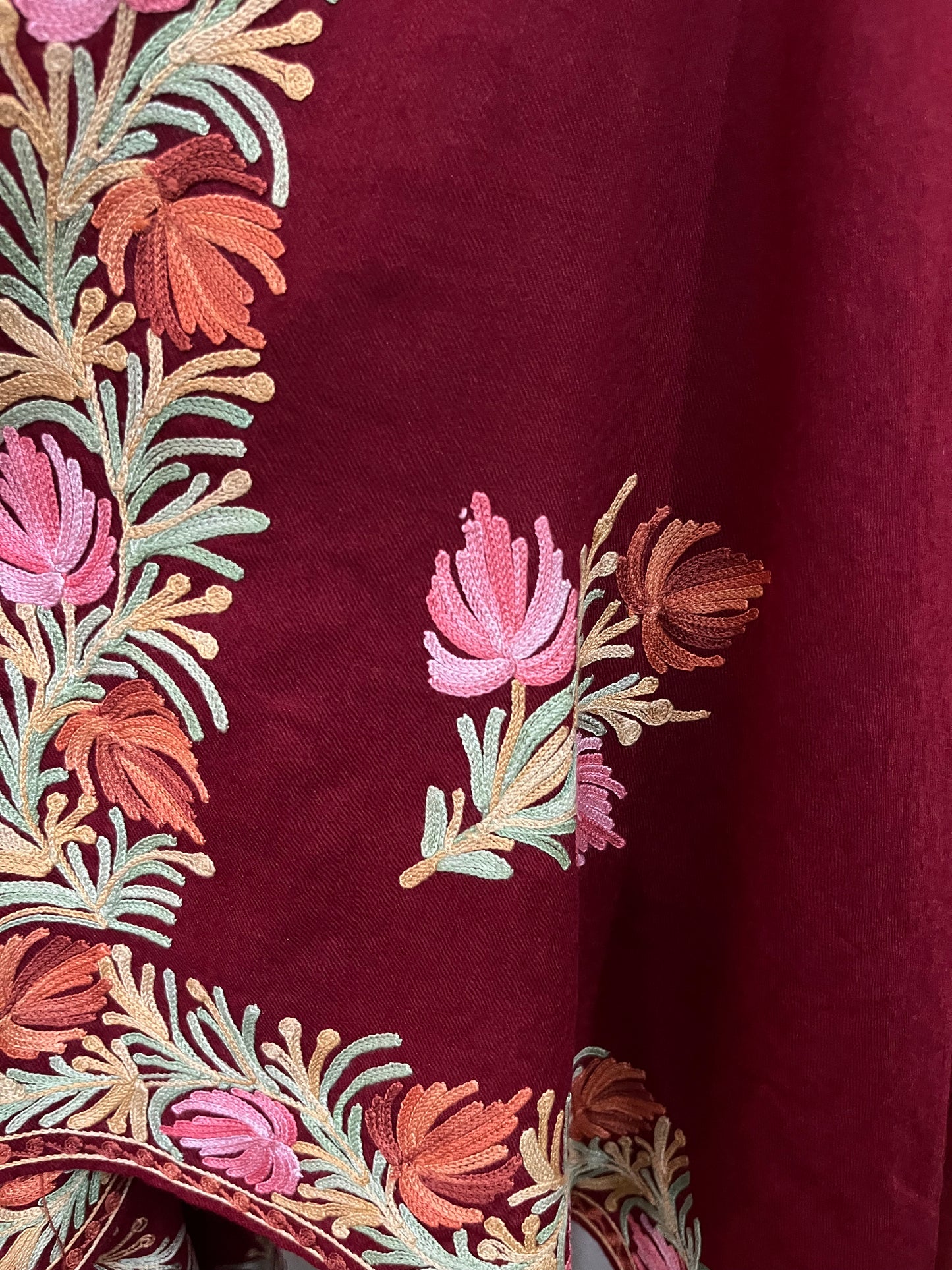 Maroon Aari Embroidered Pure Wool Cape