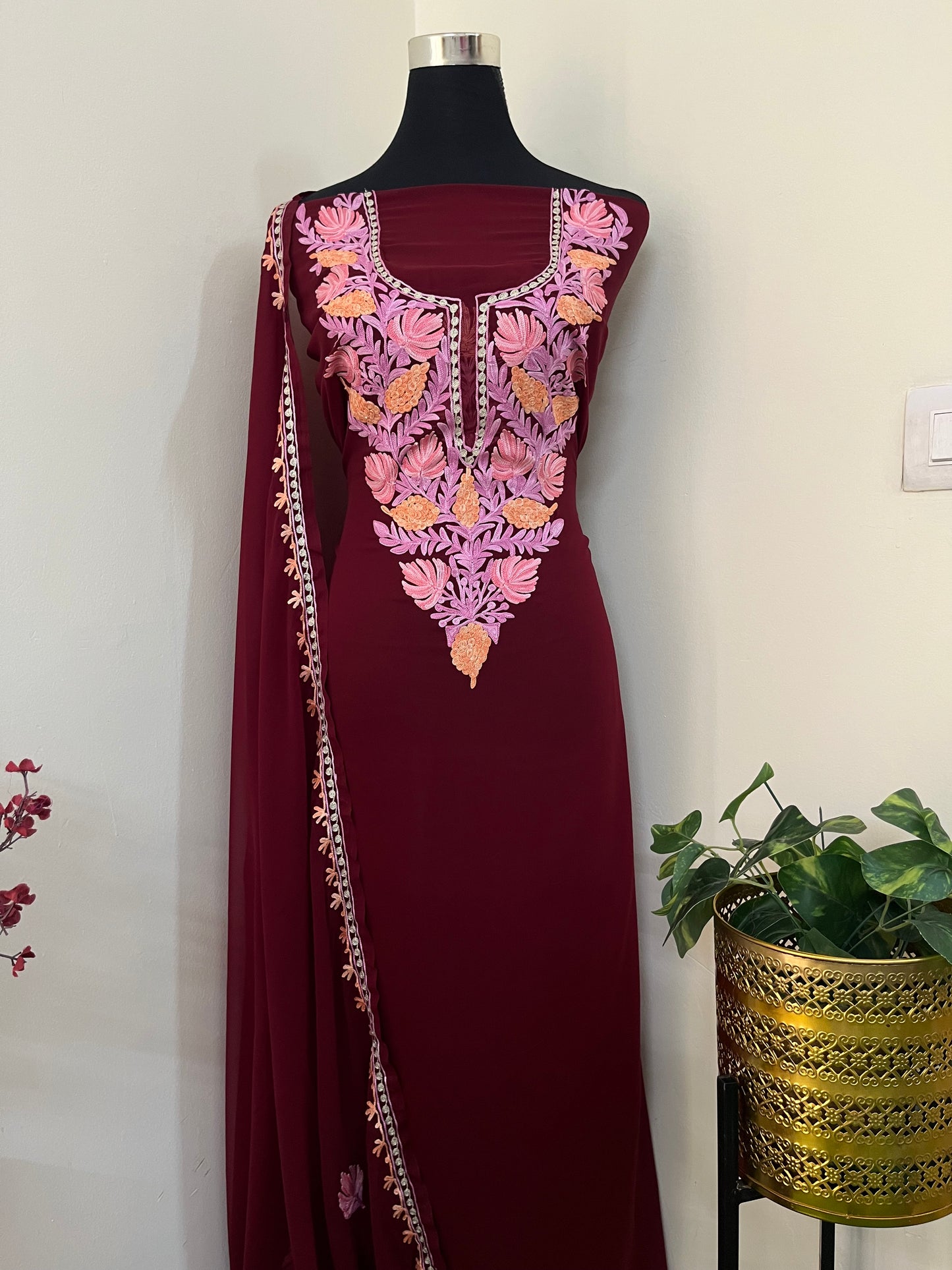 Maroon Georgette 3pc Aari Embroidered Suit