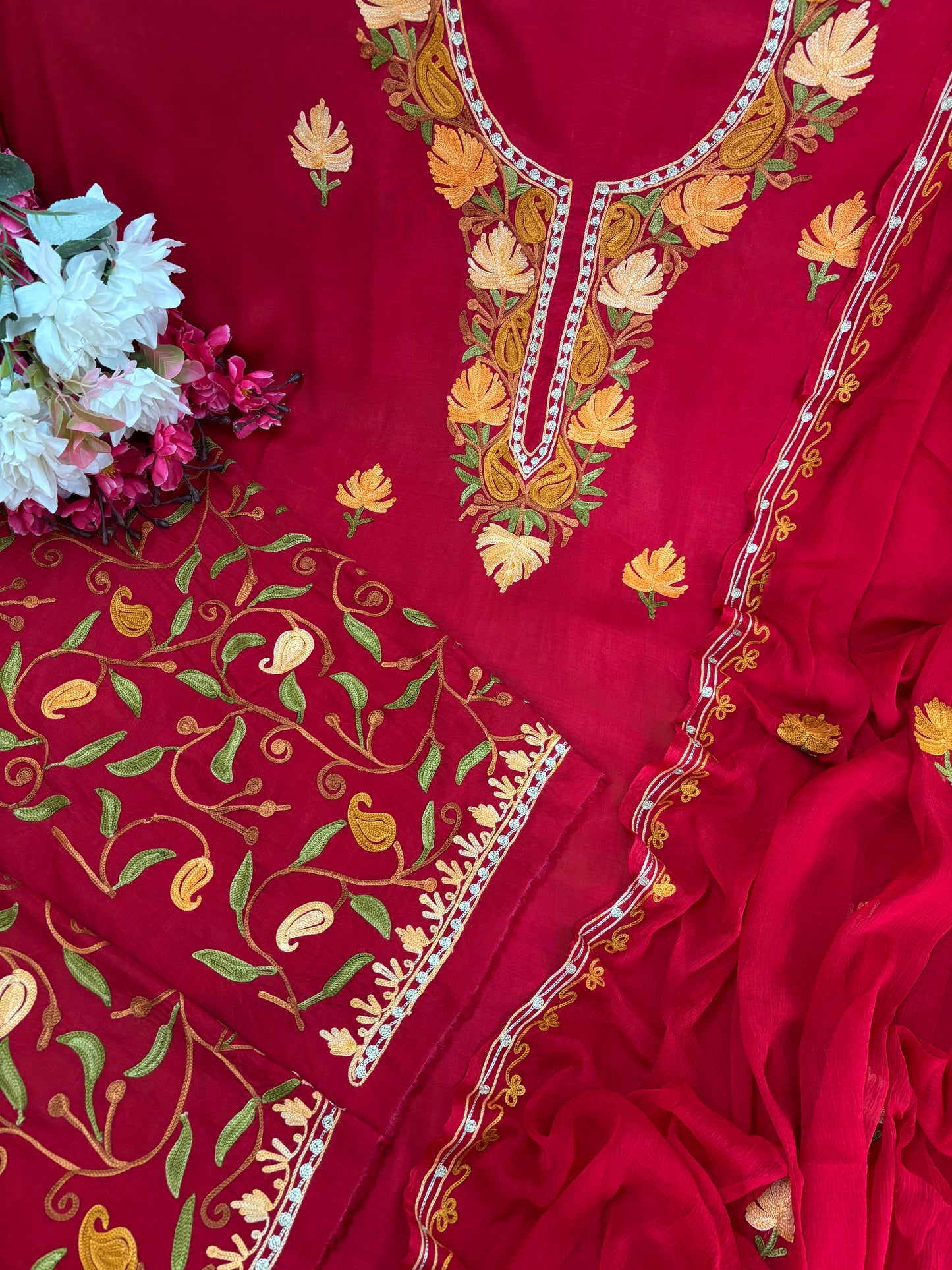 Red Muslin Cotton Jaal Sleeves Kashmiri 3pc Suit