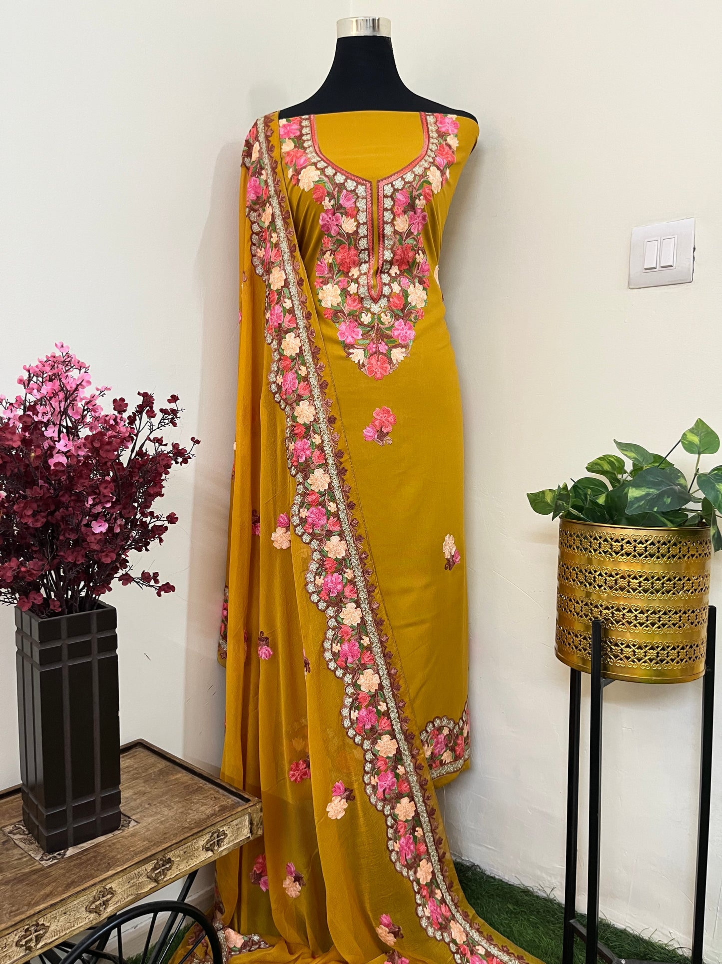 Mustard Yellow Rayon Cotton Kashmiri 3pc set