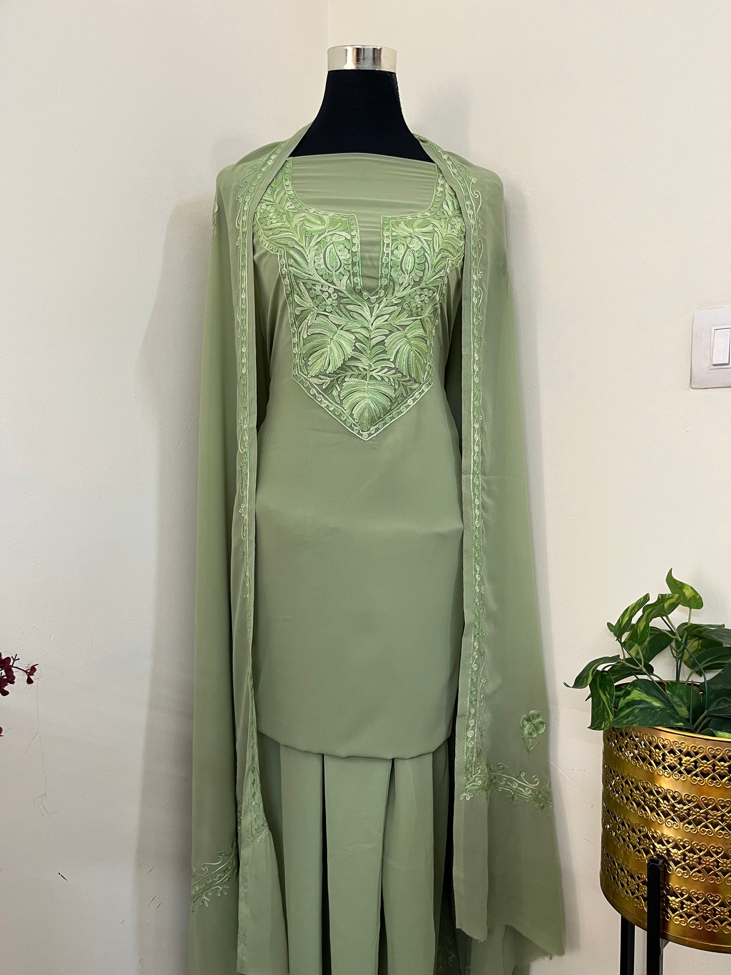 Tea green Georgette 3 Pc Aari Embroidered Suit Set