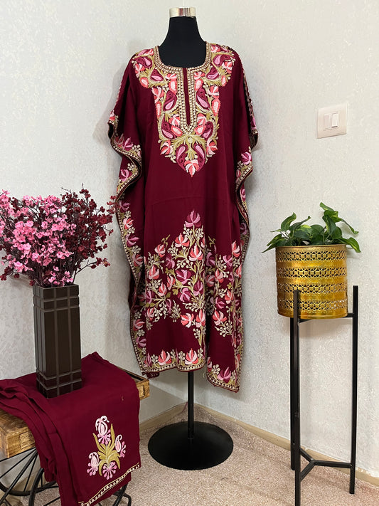 Maroon Woollen Kashmiri Kaftan Set