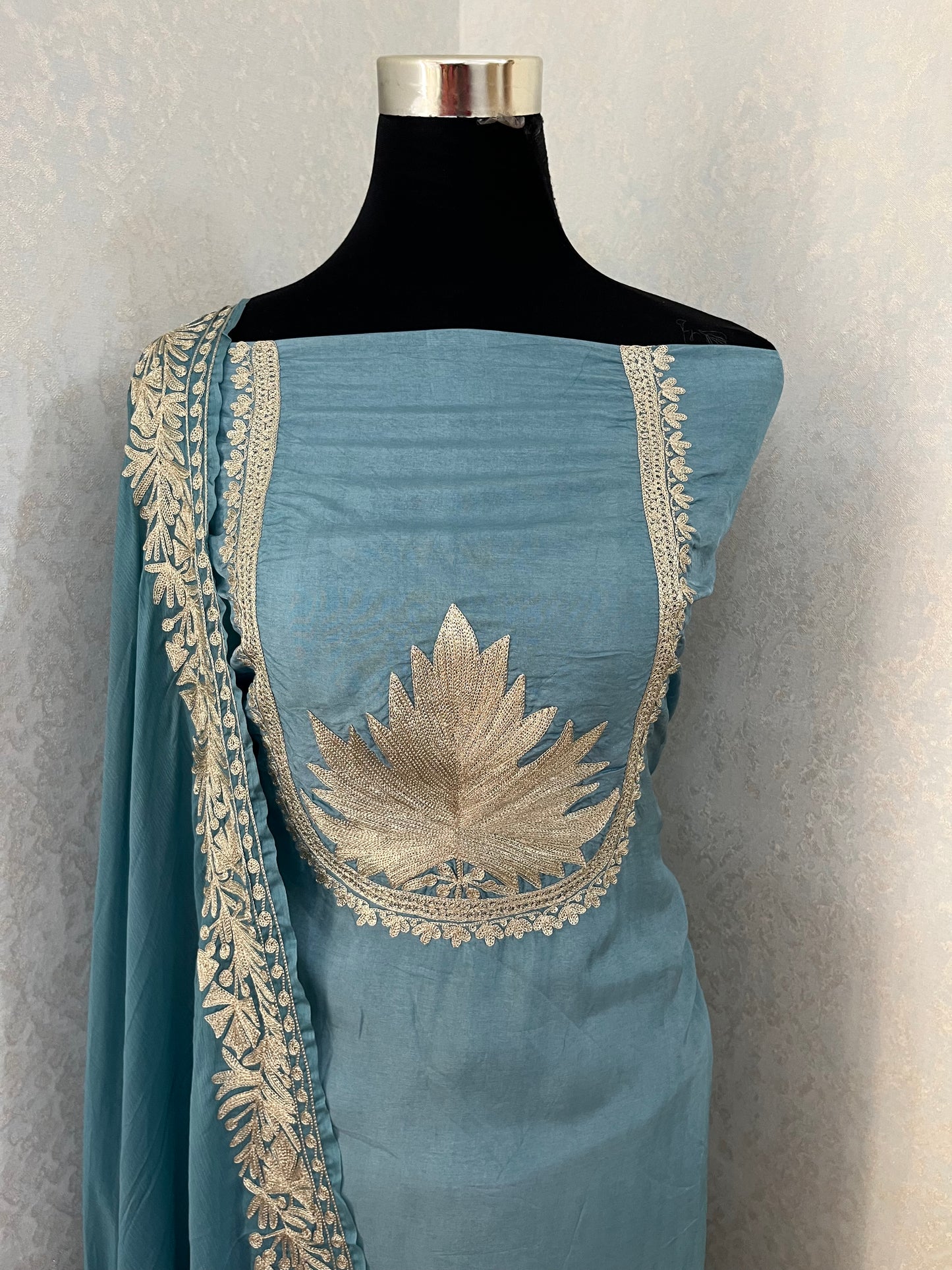 Soft Blue Tilla Kashmiri Silk Suit