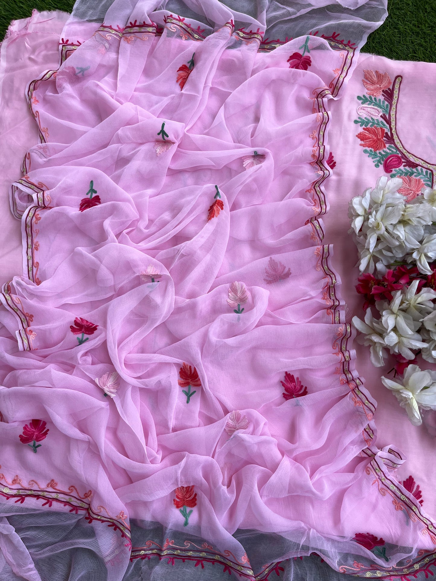 Soft Pink Muslin Cotton Jaal Sleeves Kashmiri 3pc Suit