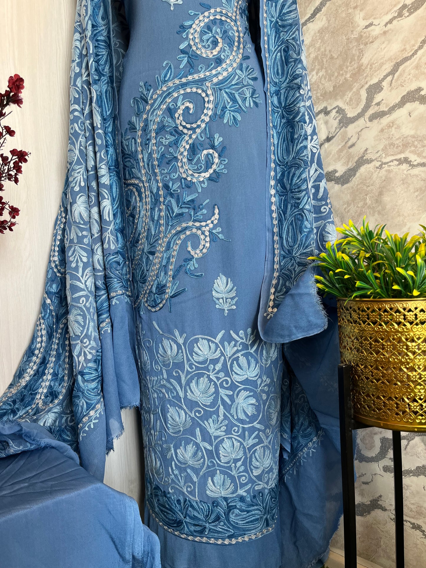Blue Pure Georgette Aari Embroidered Suit