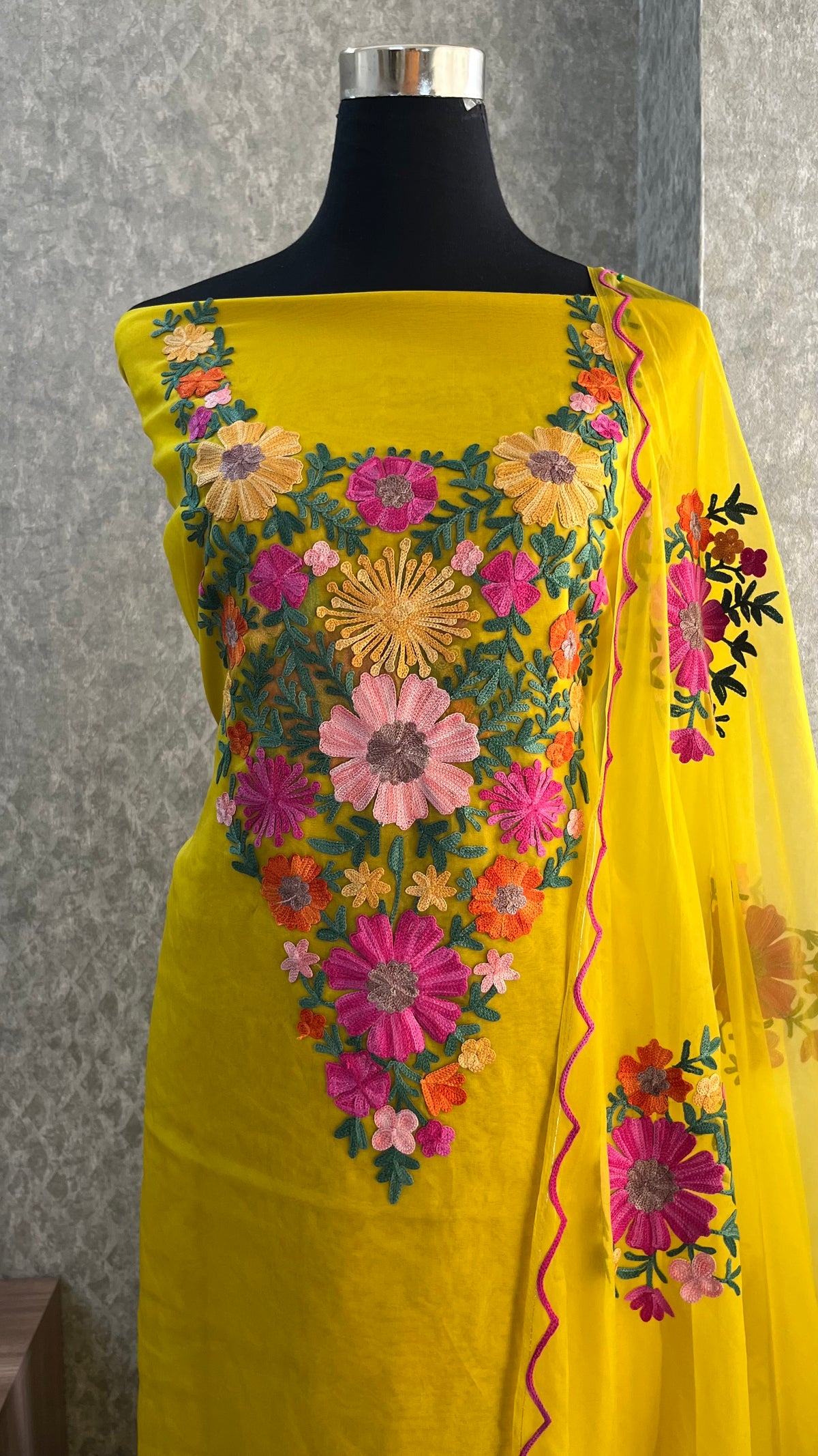 Yellow Soft Tissue Kashmiri Suit (On Order)