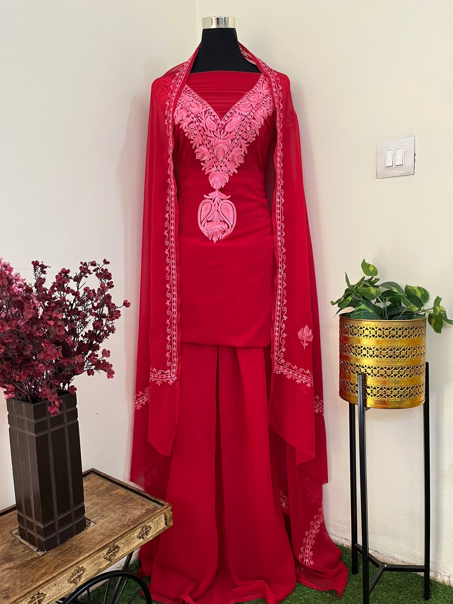 Red Georgette Red 3 Pc Aari Embroidered Suit Set