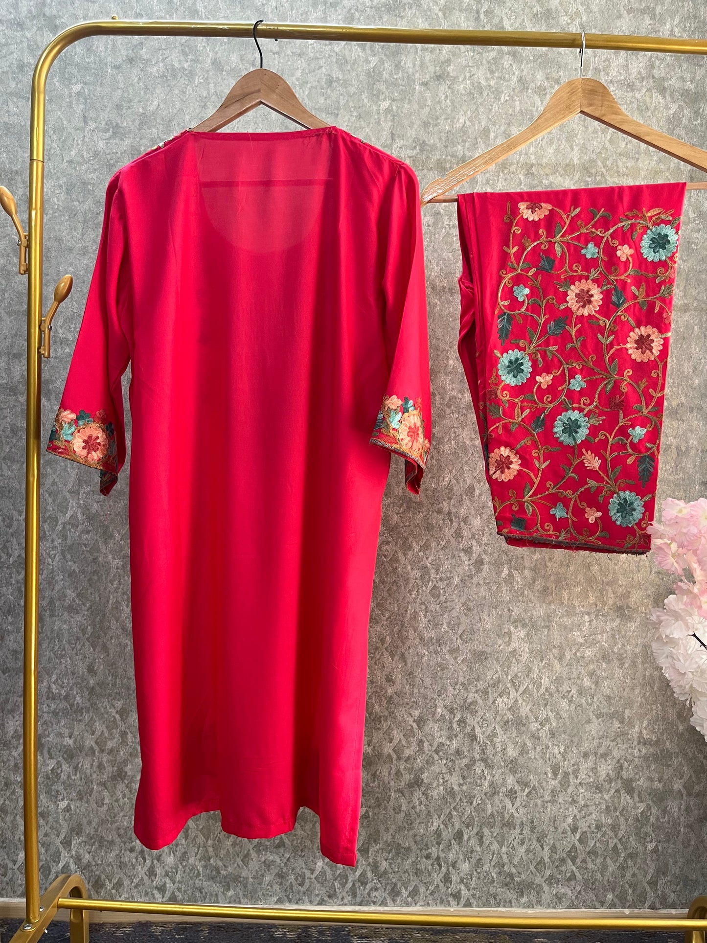 Carrot Pink Cotton Stitched Co-ord Set(44)
