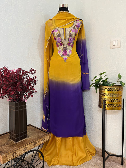 Yellow Pure Georgette Double Shade Kashmiri Suit