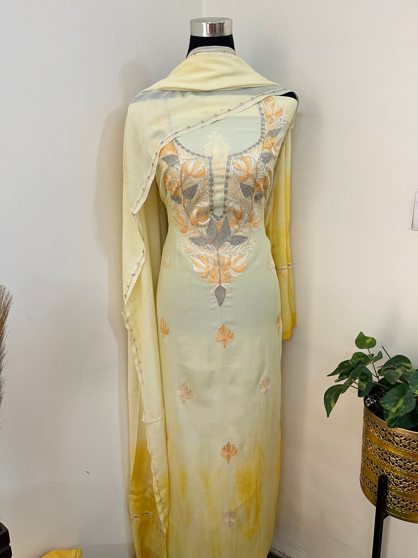 Lemon Yellow Mul Cotton Shibori Work Kashmiri 3pc Suit