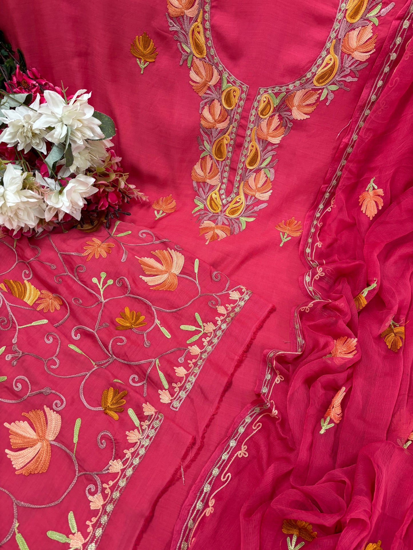 Pink Muslin Cotton Jaal Sleeves Kashmiri 3pc Suit