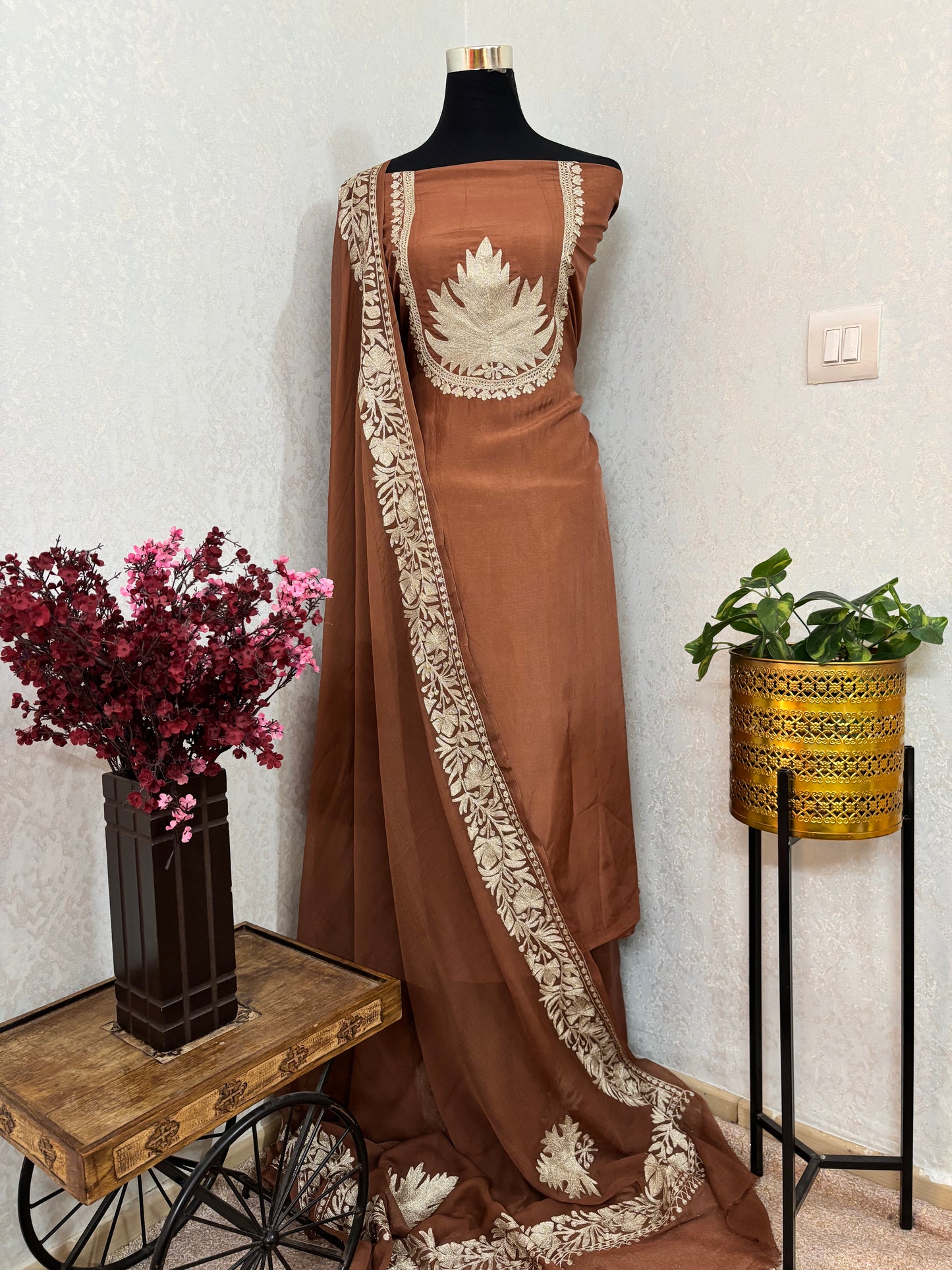 Soft Brown Tilla Kashmiri Silk Suit