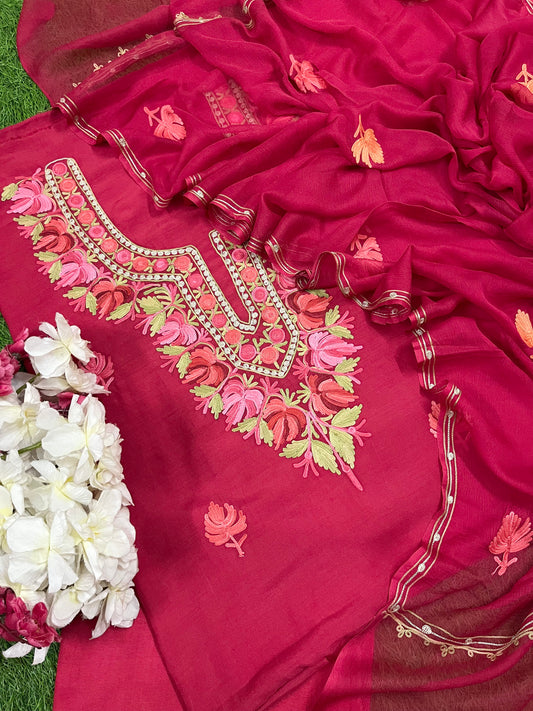 Red Muslin Cotton Aari Embroidered 3pc set