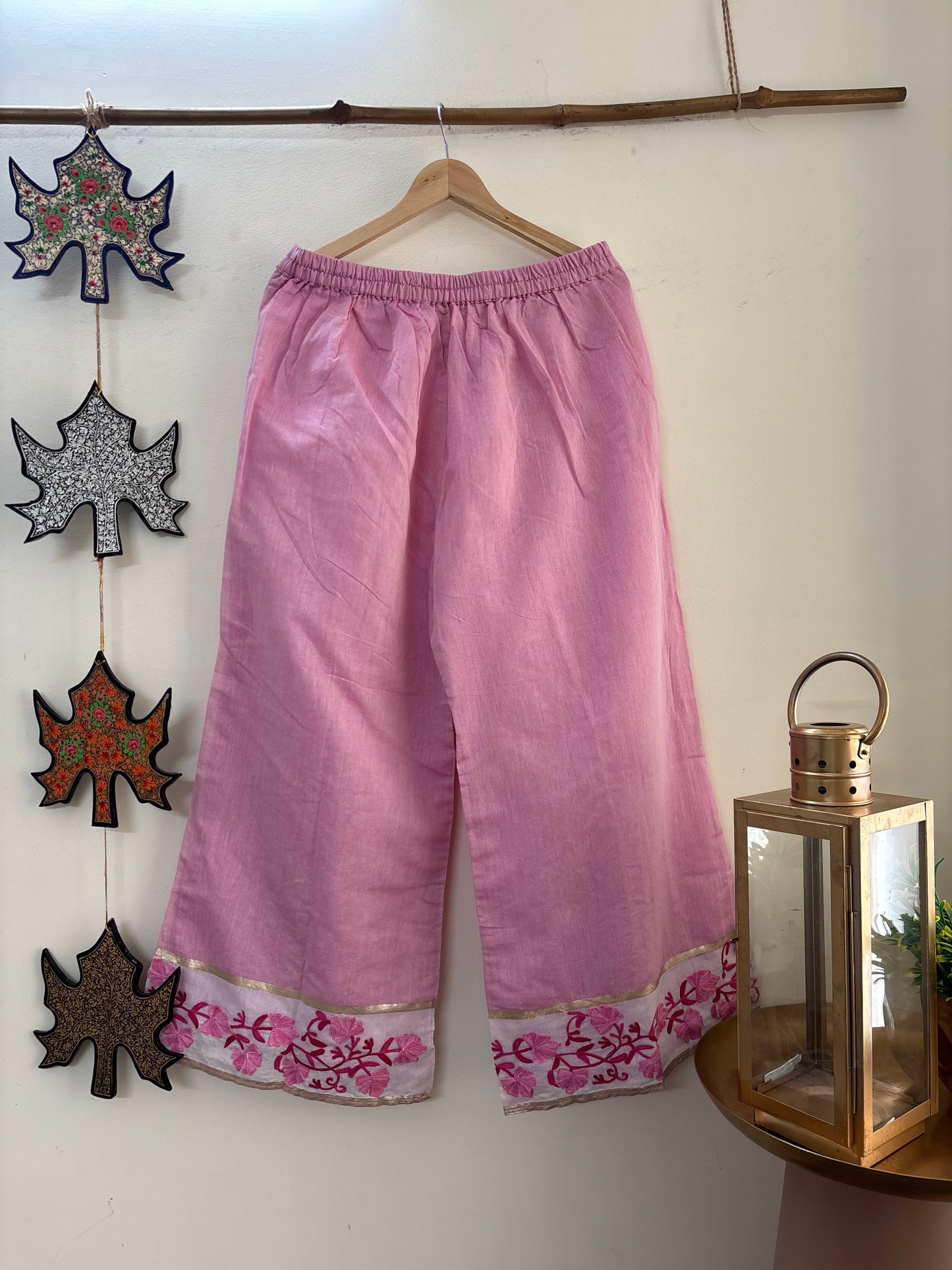 Women Pink Flared Aari Embroidered Palazzos