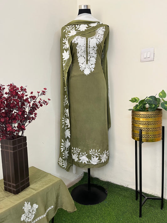 Moss Green Chinon 3 Pc Aari Embroidered Suit