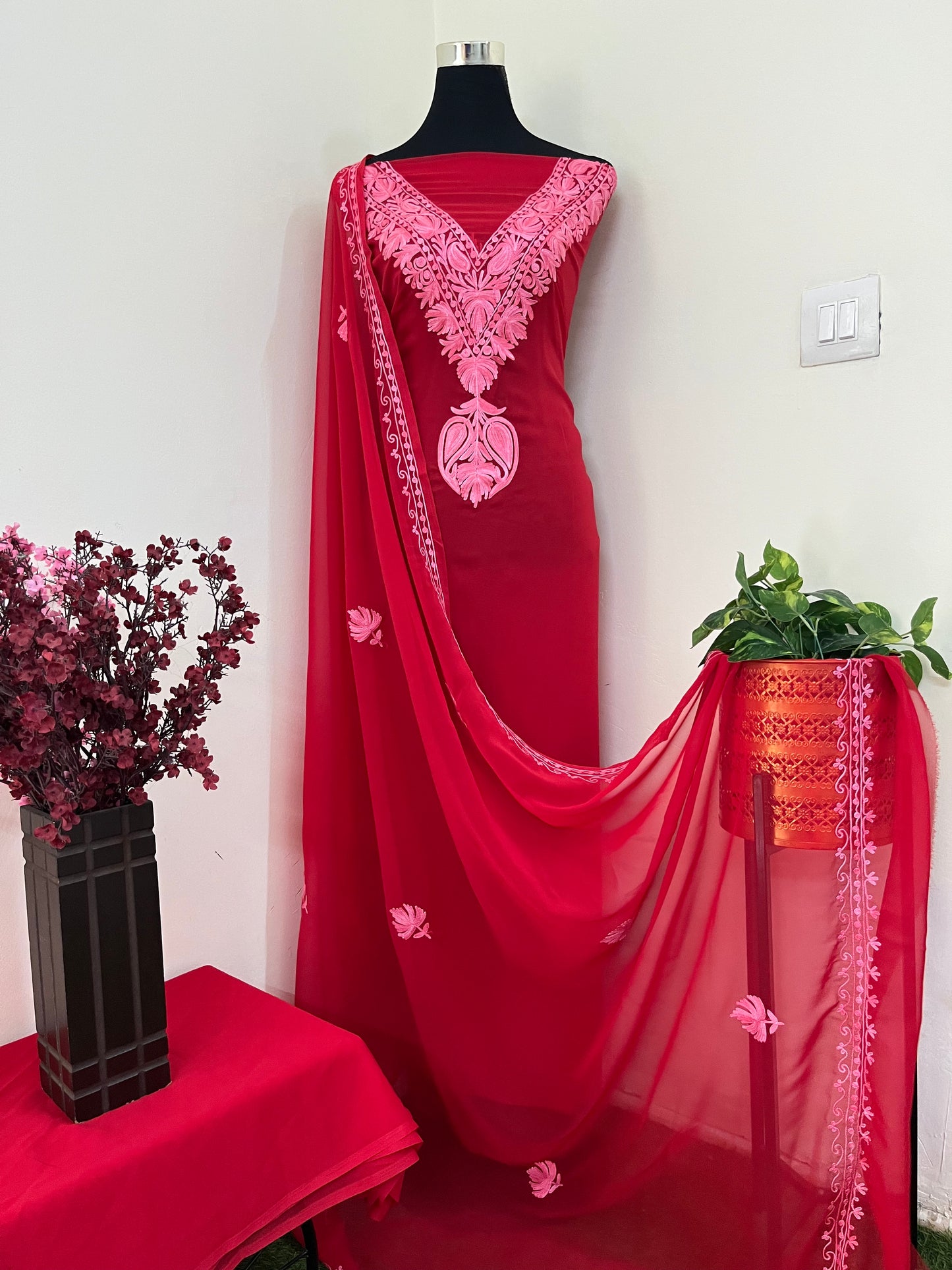 Red Georgette Red 3 Pc Aari Embroidered Suit Set