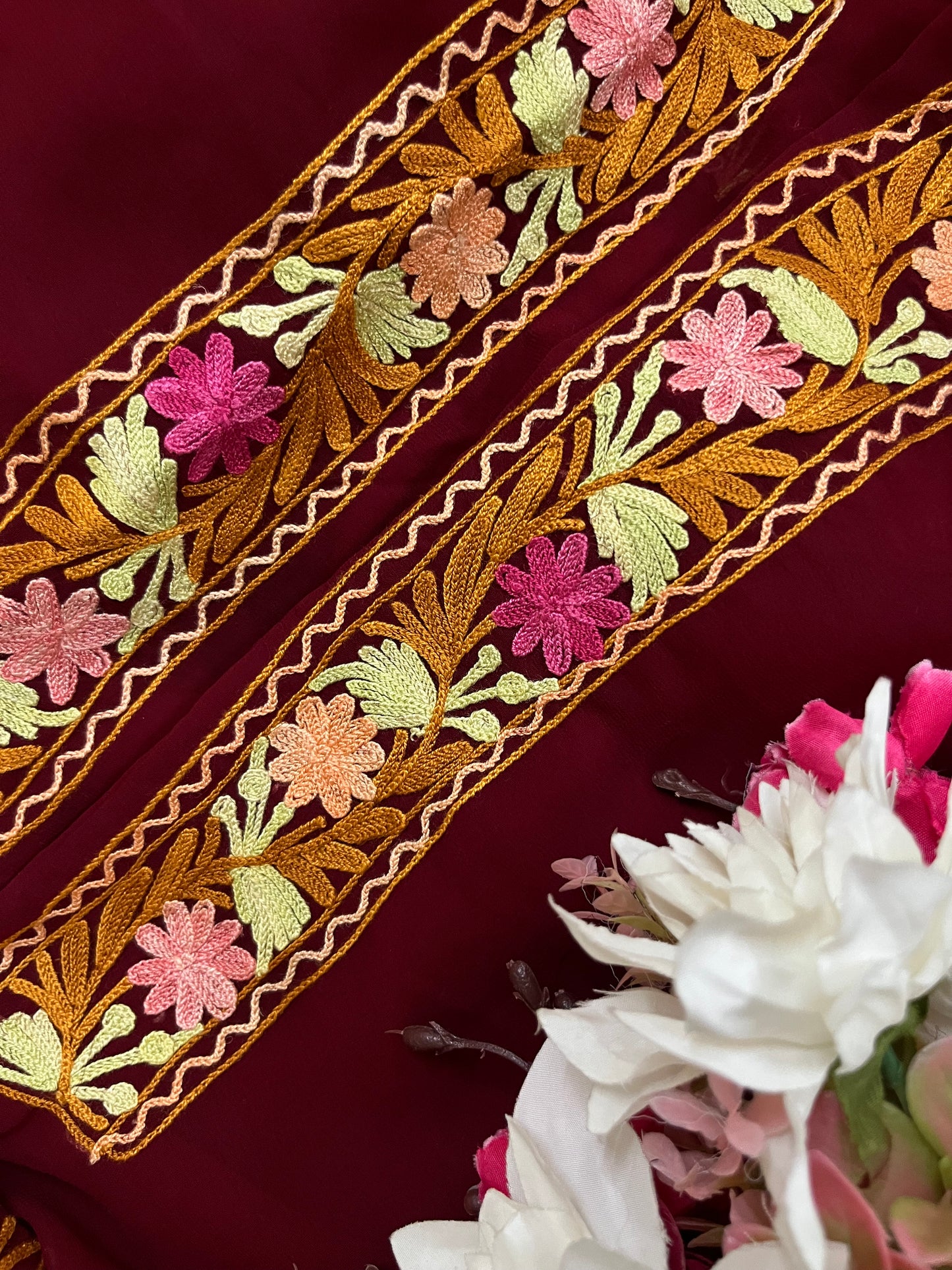 Maroon Georgette 3 Pc Aari Embroidered Suit Set