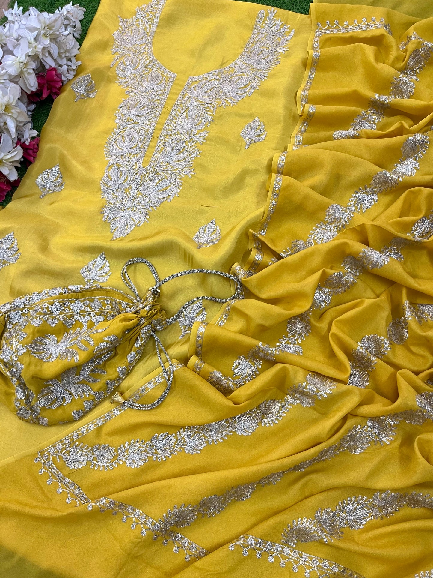 Sanam Golden Yellow Silk Kashmiri Suit with Potli