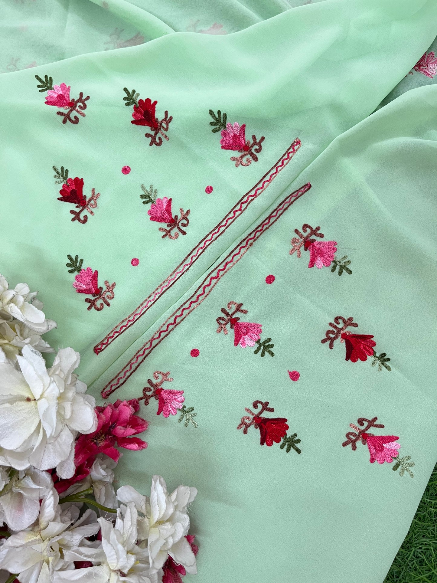 Tea Green Georgette Kashmiri Kurta Material