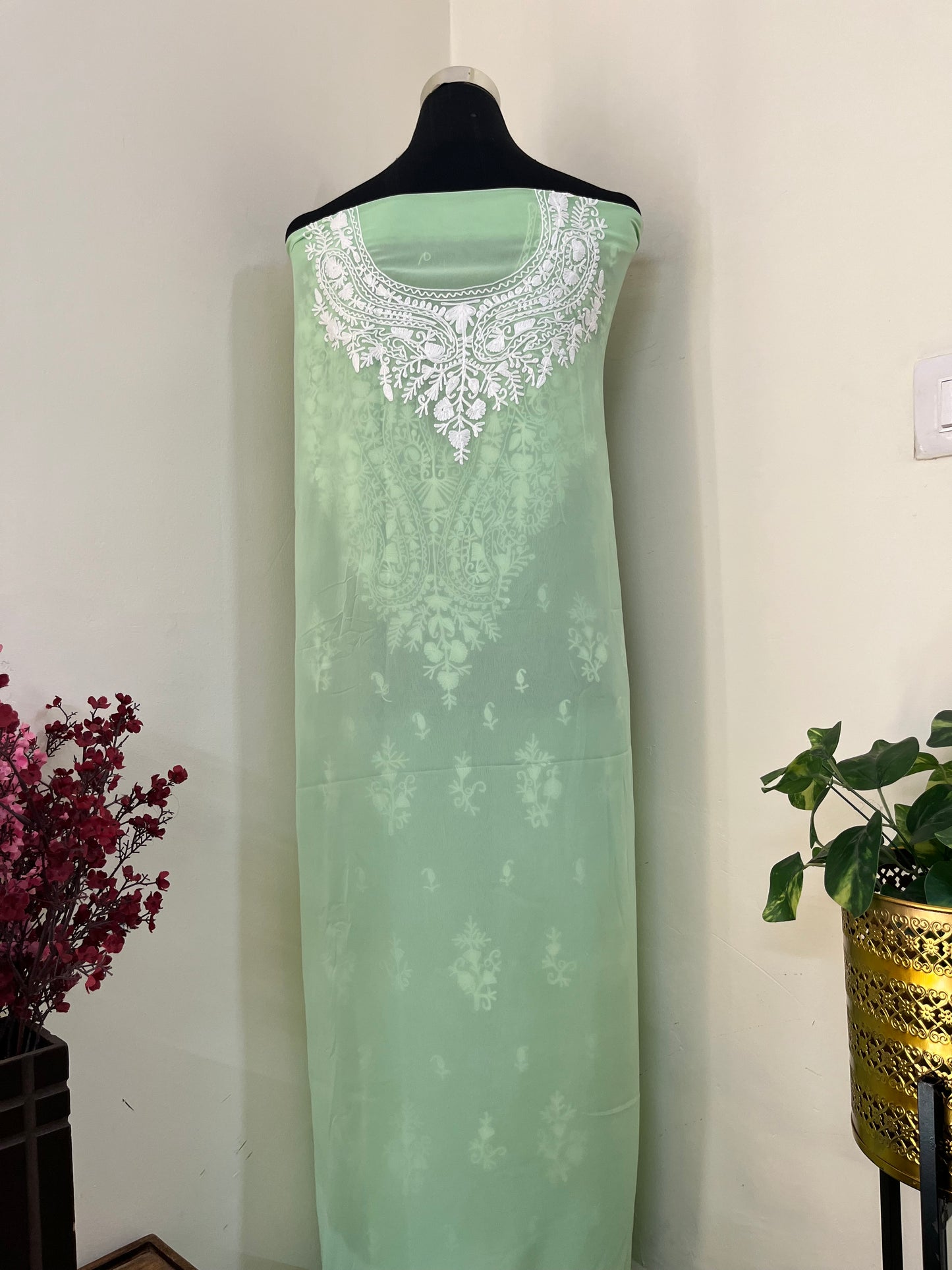 Tea Green Georgette Kashmiri Unstitched Kurta Material
