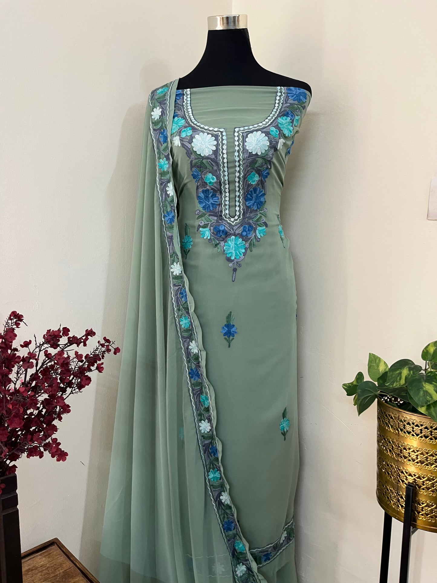 Tea Green Georgette 3 Pc Aari Embroidered Suit Set