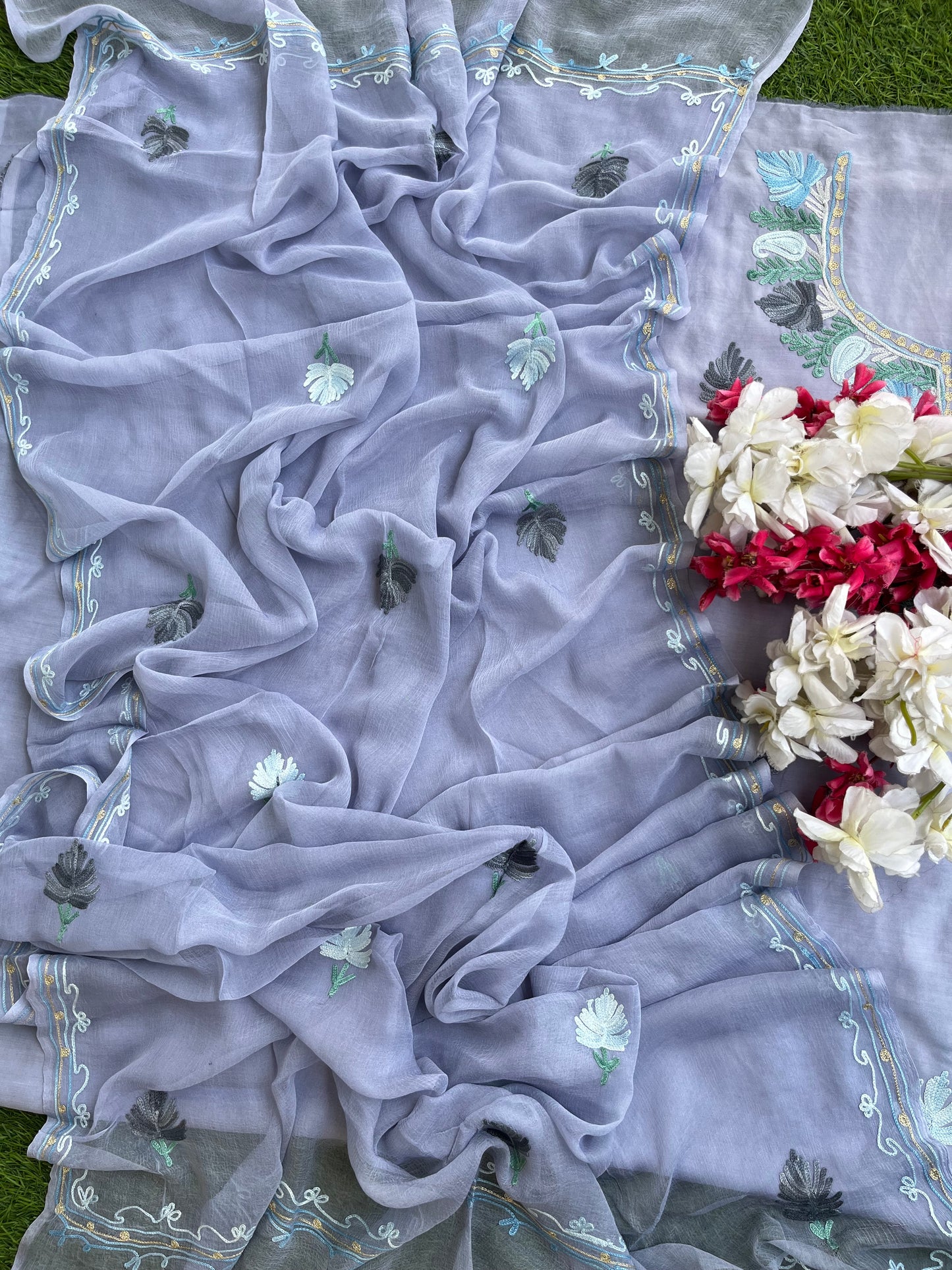 English Grey Muslin Cotton Jaal Sleeves Kashmiri 3pc Suit