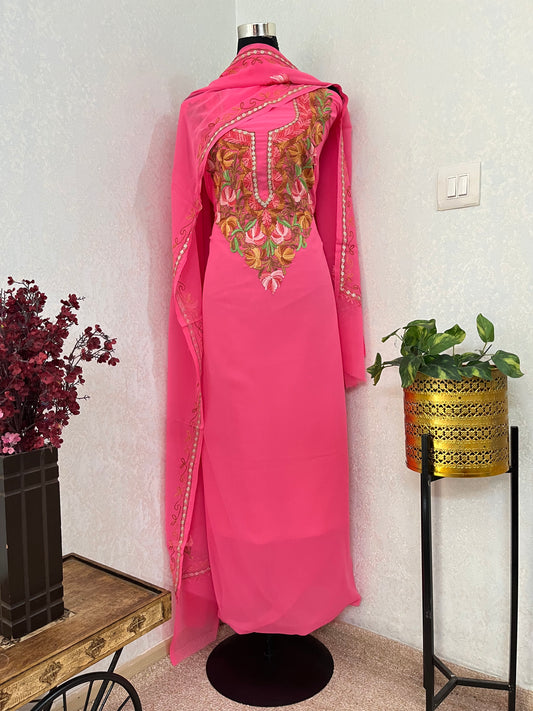 Candy Pink Georgette Shirt and Dupatta Aari Embroidered Suit