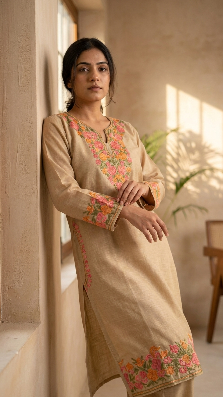 Beige Cotton Stitched Co-ord Set (42)