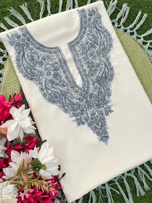 Off White Cotton Two Piece Suit (Hand Embroidered)