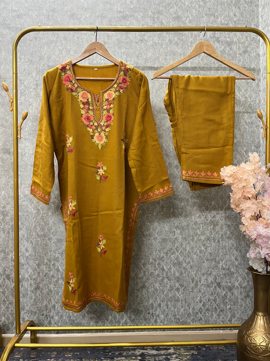 Mustard Woollen Kashmiri Co-Ord Set ( Size 42)