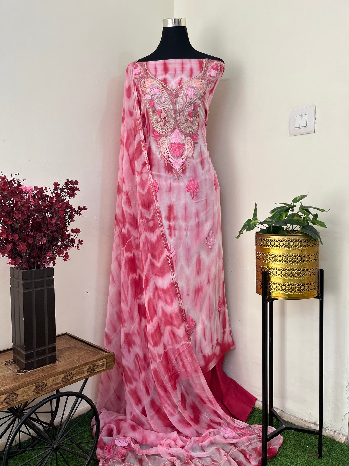 Rose Pink Pure Georgette Ty Dy Kashmiri Suit