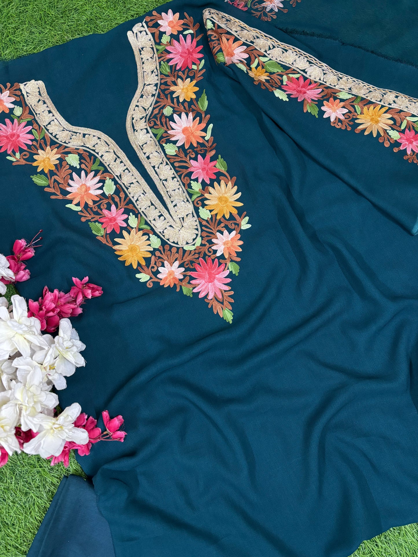 Peacock Blue Pure Georgette Kashmiri Suit