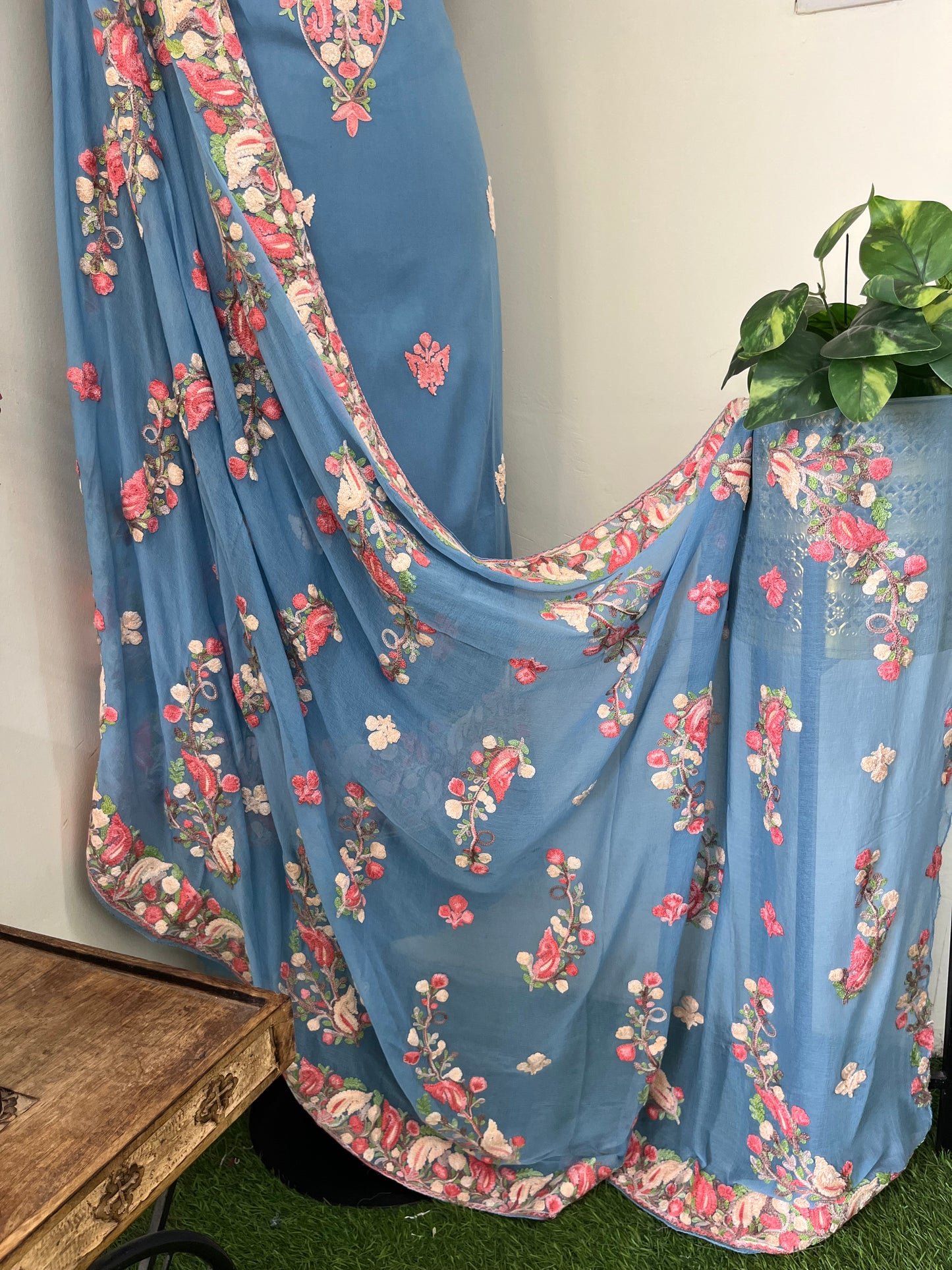 English Grey Rayon Cotton Kashmiri 3pc set