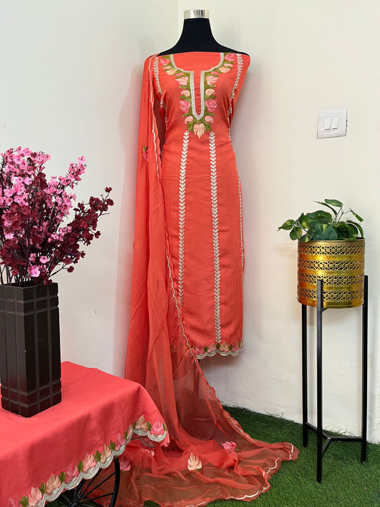 Sanam’ Orange Silk Aari Embroidered Suit material