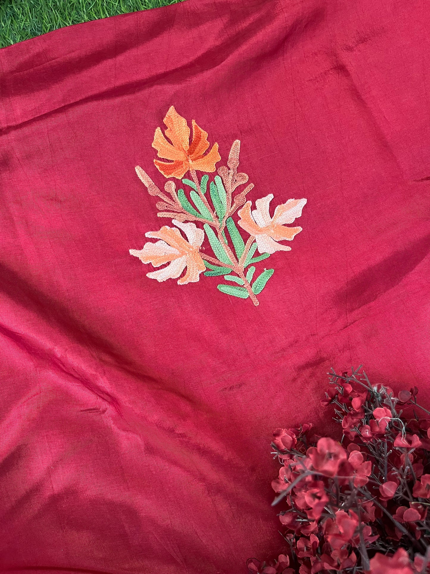 Maroon Opada Silk Aari Embroidered Suit material