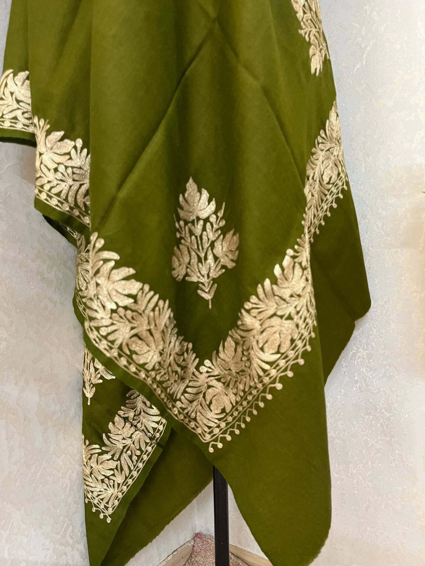 Army Green Semi Pashmina Tilla Embroidered stole