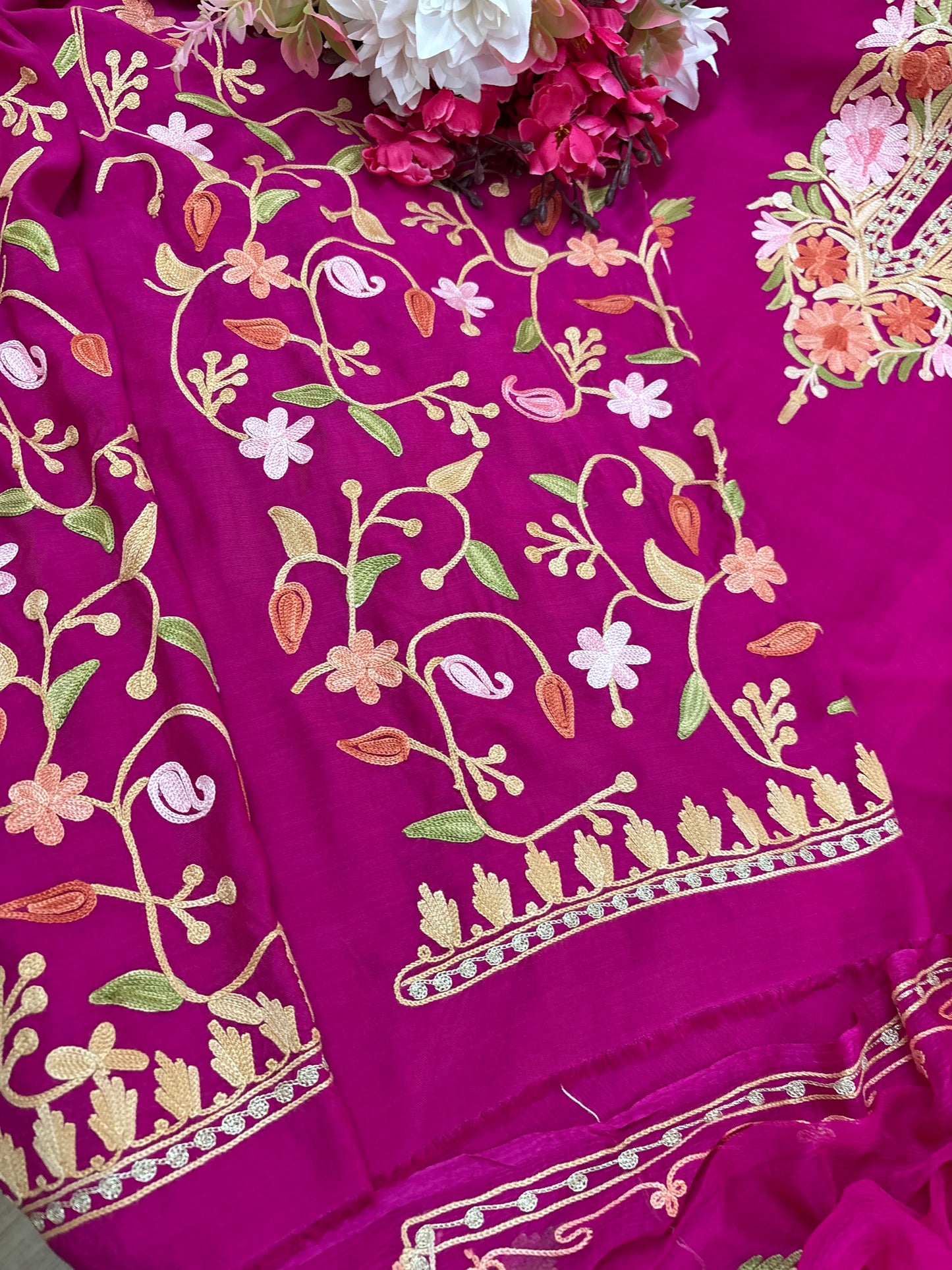 Hot Pink Muslin Cotton Jaal Sleeves Kashmiri 3pc Suit