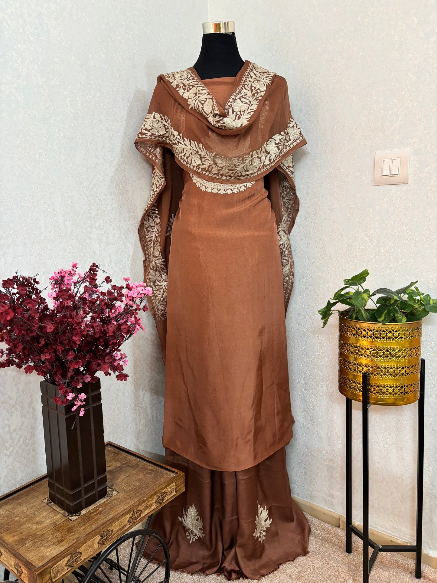 Soft Brown Tilla Kashmiri Silk Suit