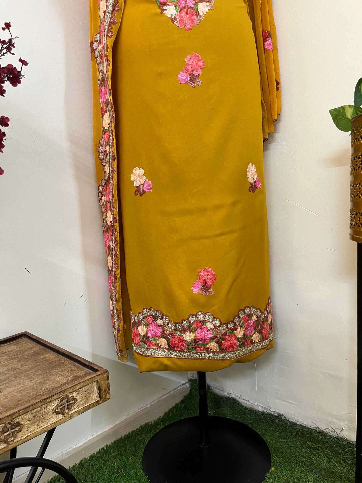 Mustard Yellow Rayon Cotton Kashmiri 3pc set