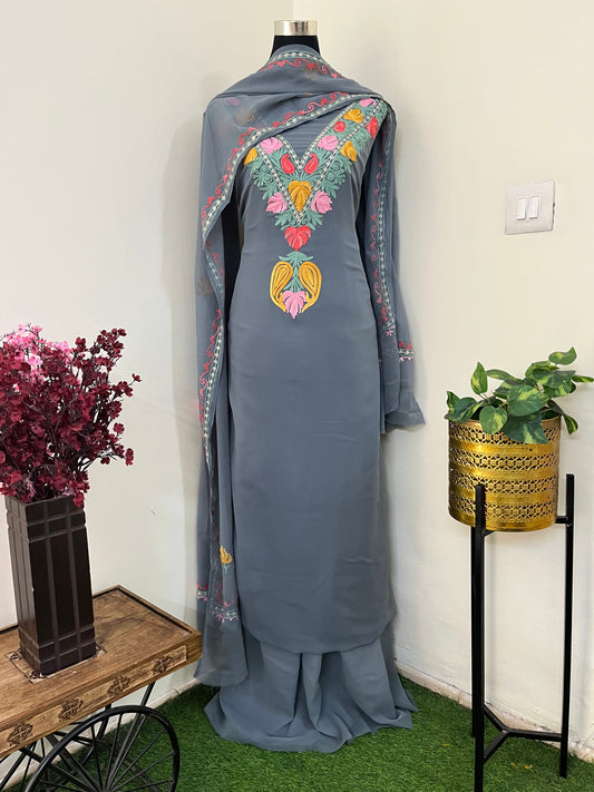 Grey Georgette 3 Pc Aari Embroidered Suit Set
