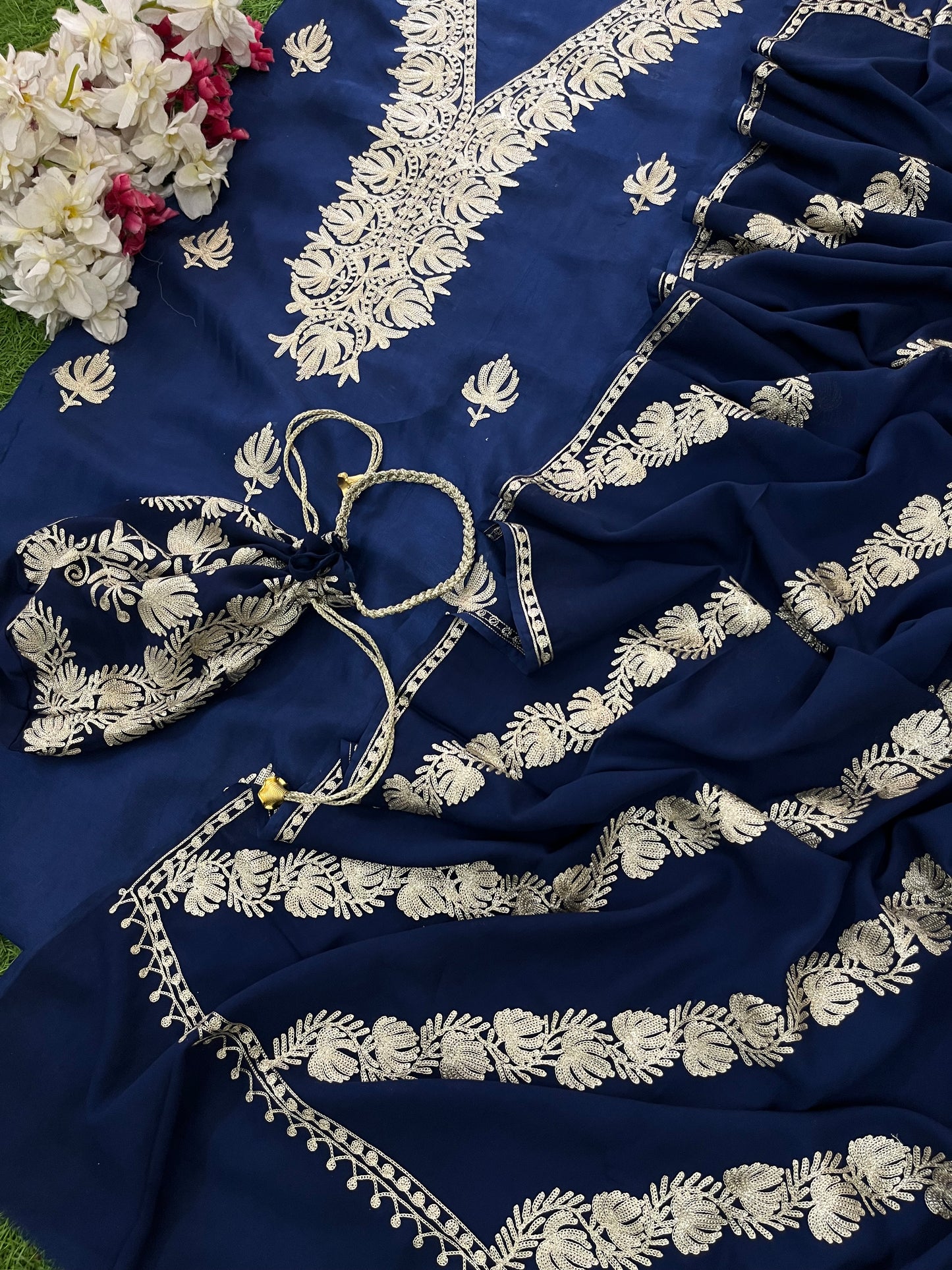 Sanam Royal Blue Silk Kashmiri Suit with Potli