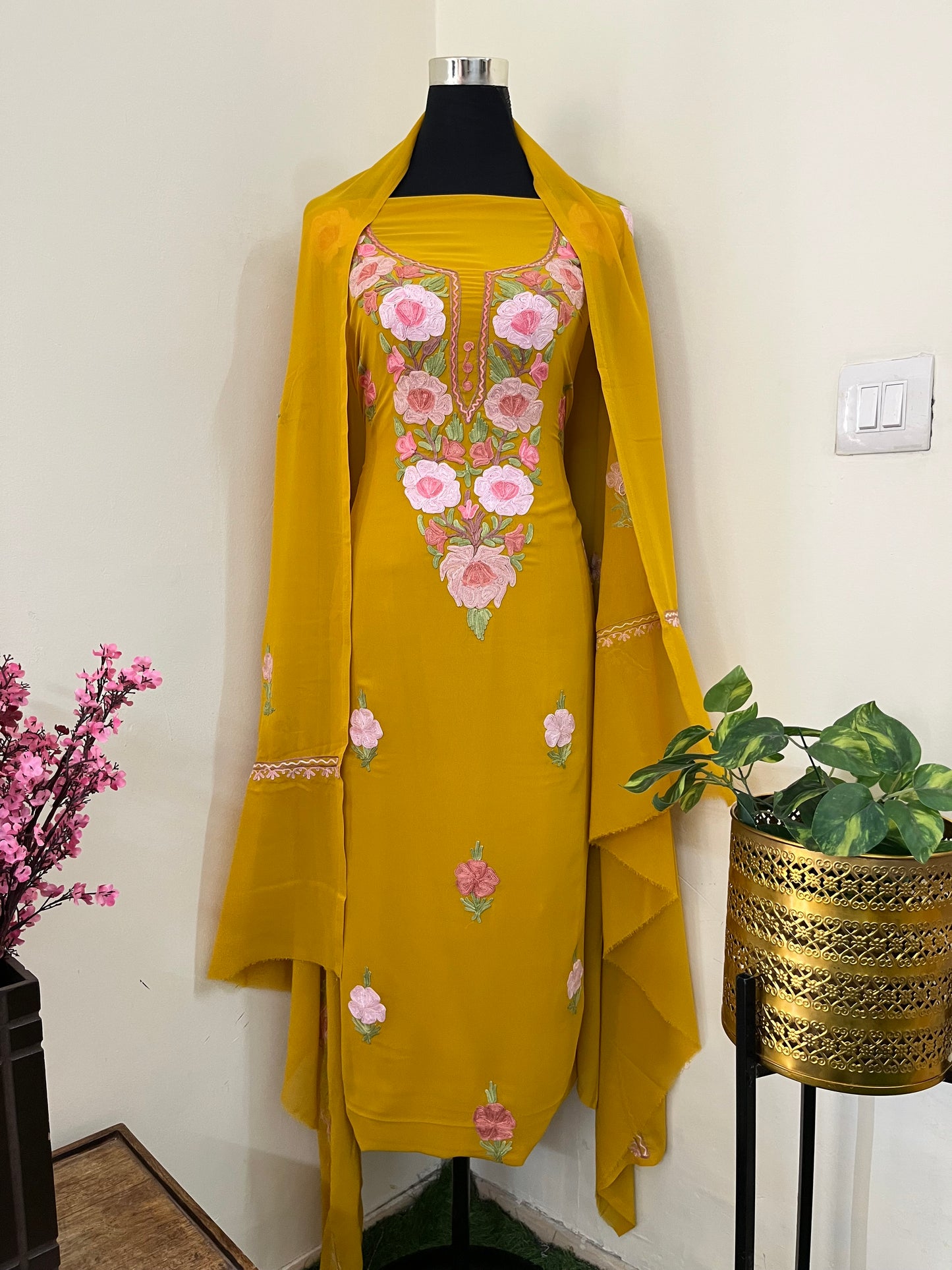 Mustard Georgette 3 Pc Aari Embroidered Suit